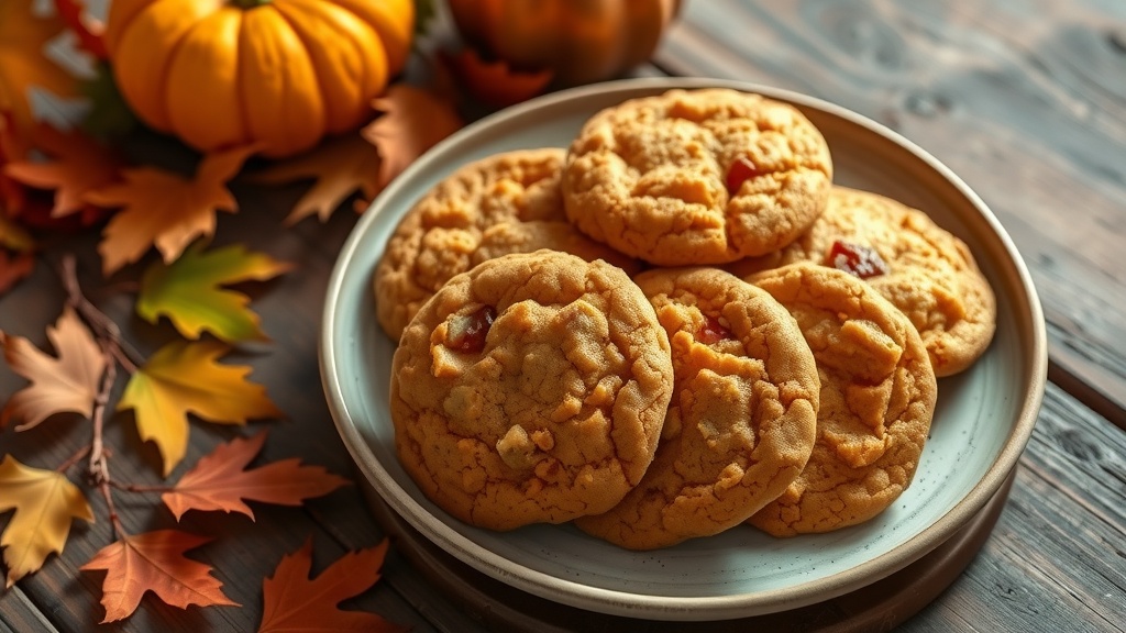 Pumpkin Apple Cookies Recipe A plate of pumpkin apple cookies with visible apple chunks, set on a wooden table with autumn decorations.